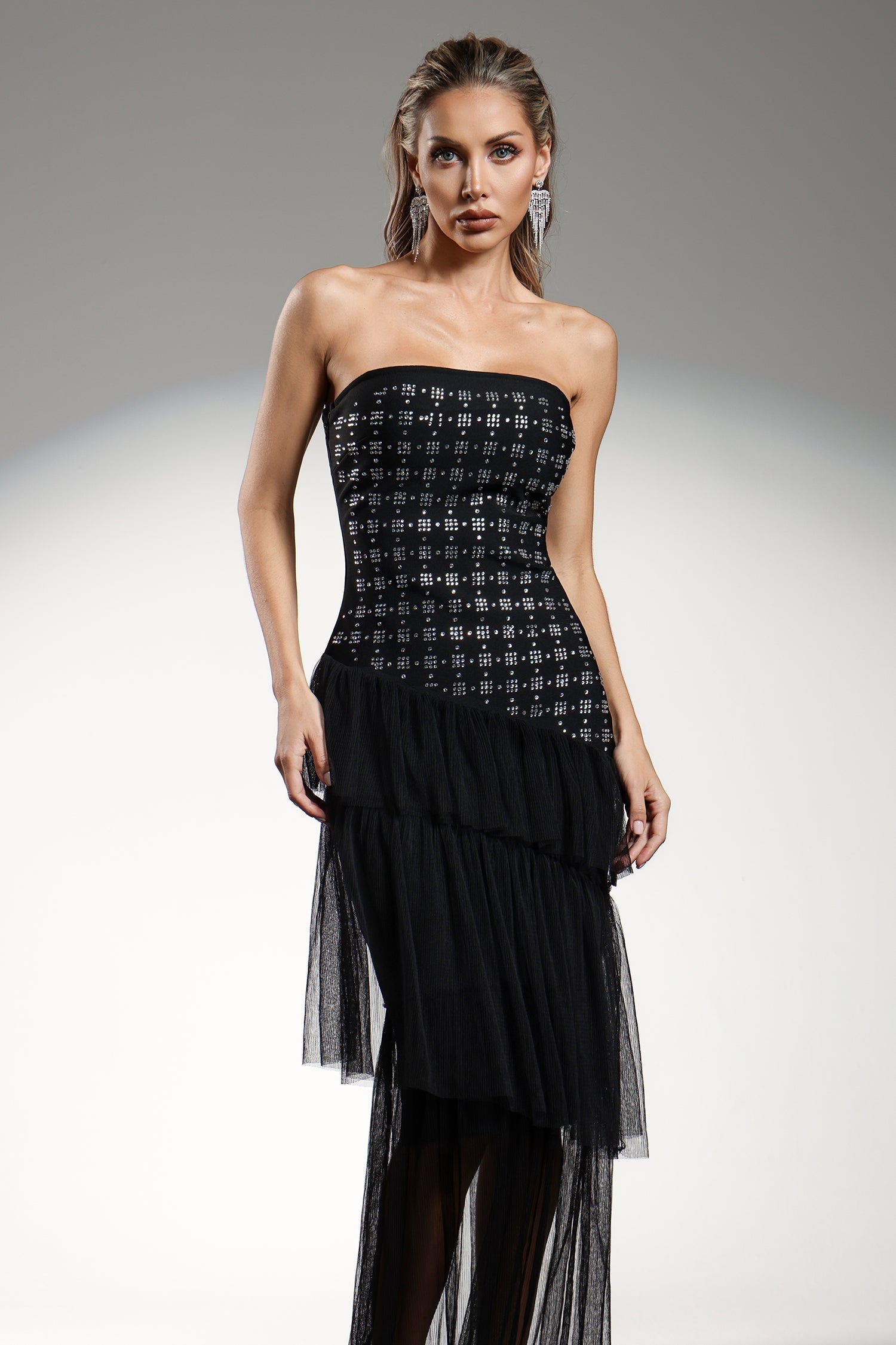 Grace Black Maxi Dress Strapless Diamond Pattern Ruffle Detailing Fitted Bodice Sheer Overlay Special Occasions Evening Events Sophistication Charm Modern Woman Statement