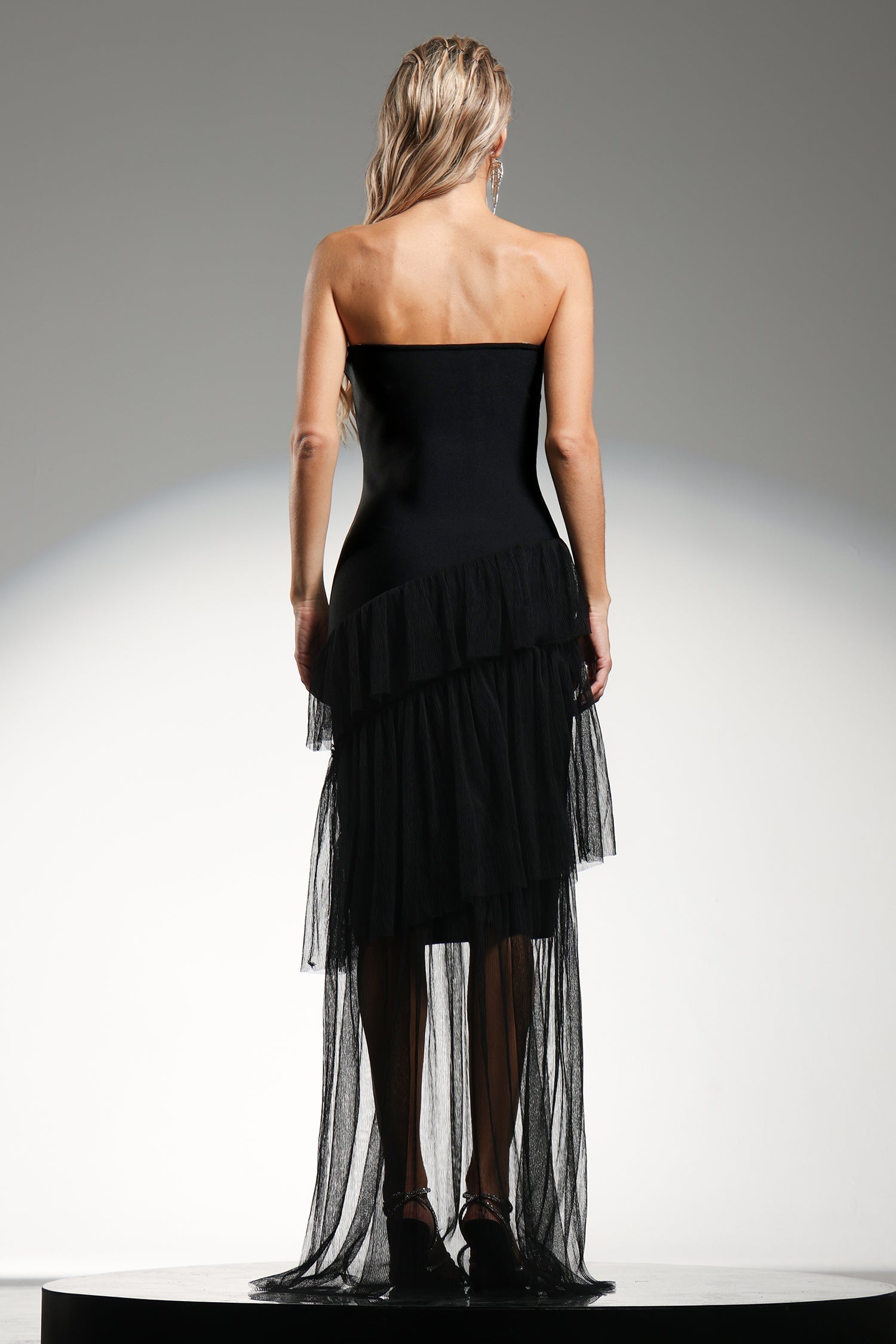 Grace Black Maxi Dress with Diamond Pattern and Ruffle Detailing