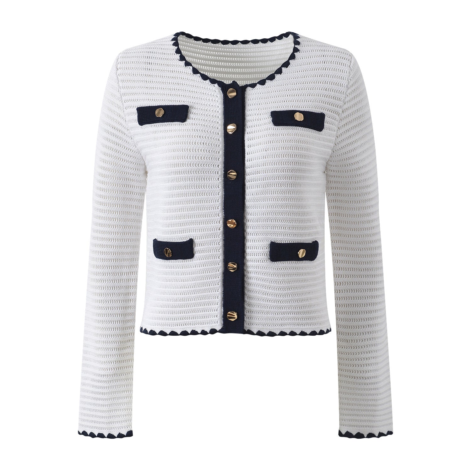 Grace Cardigan & Skirt Set - Navy Trim - Scalloped Edges - Gold Buttons