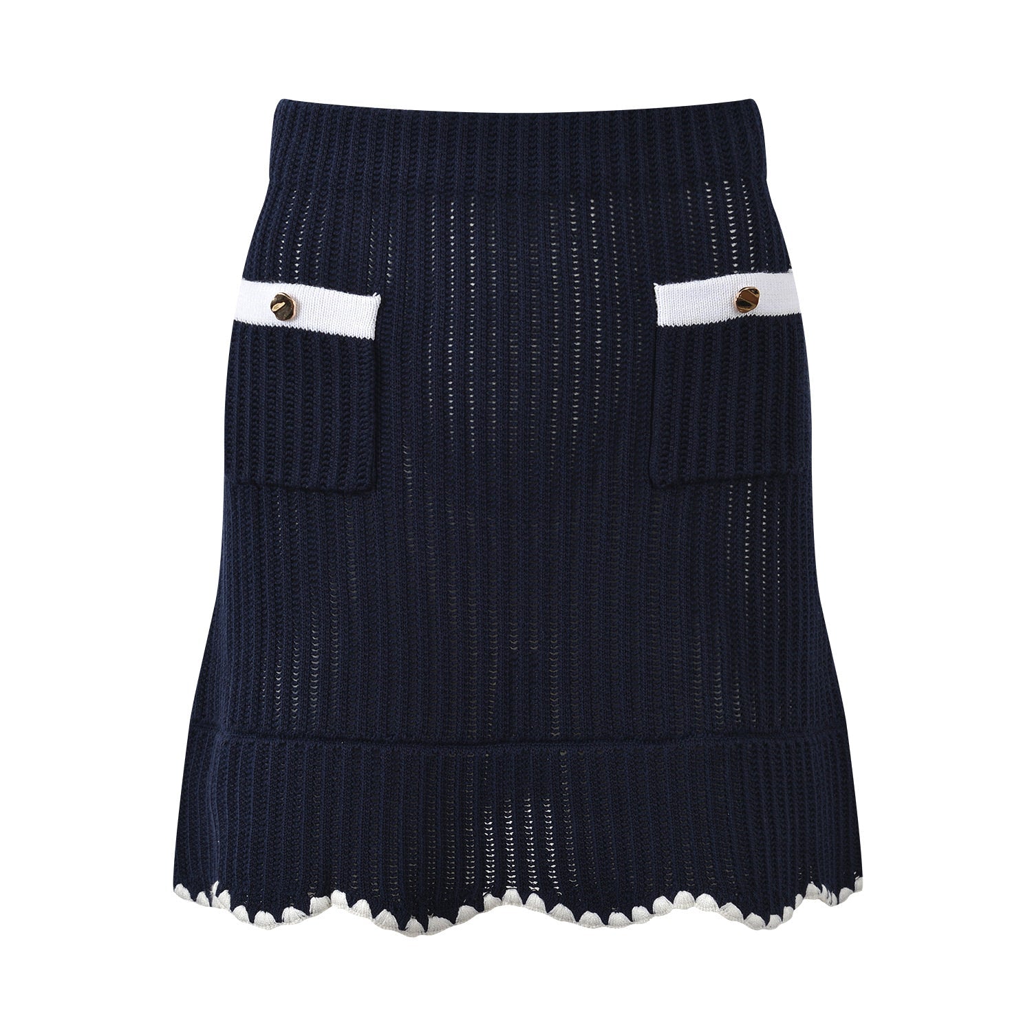 Grace Cardigan & Skirt Set - Navy Trim - Scalloped Edges - Gold Buttons