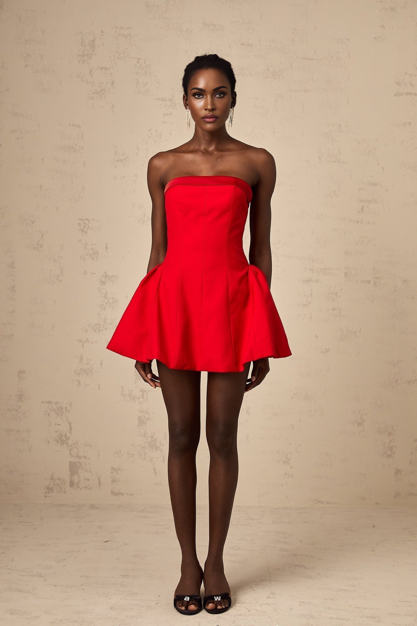 Grace Off Shoulder Mini Dress - Sleeveless - Flared Skirt - Pleated Detailing - Rear Zip Fastening