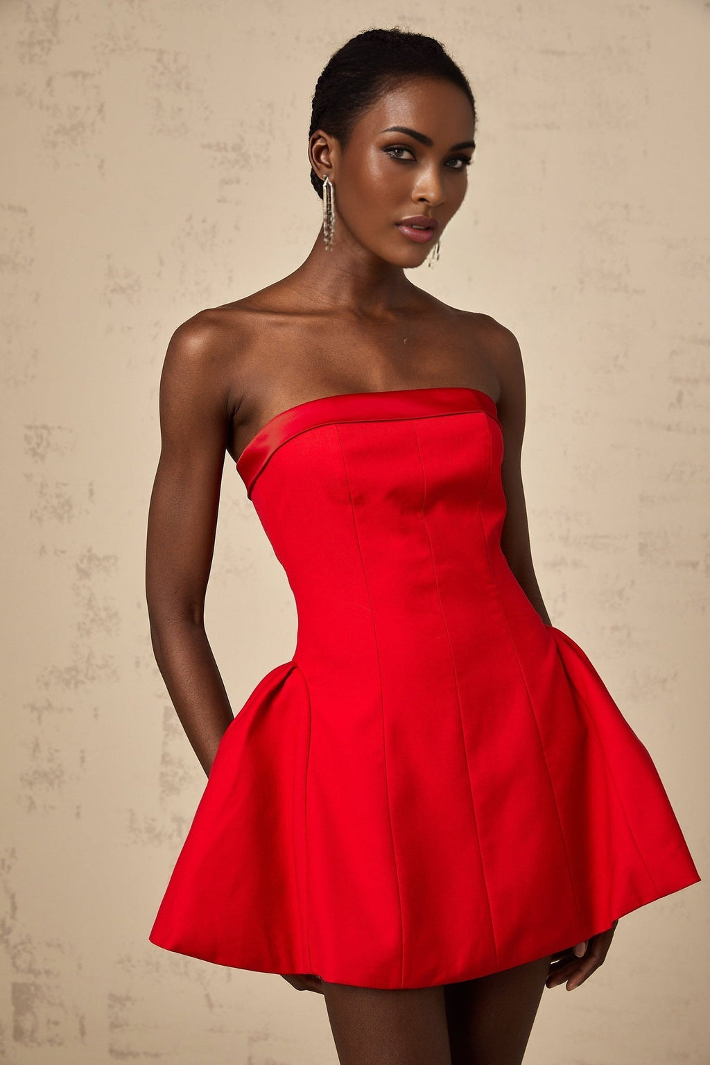 Grace Off Shoulder Mini Dress - Sleeveless - Flared Skirt - Pleated Detailing - Rear Zip Fastening