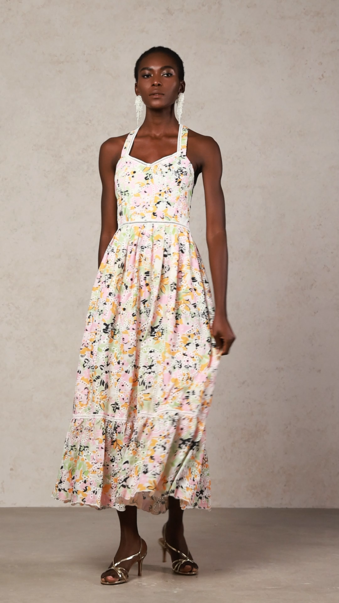Grace Pink Floral Maxi Dress Halter Swing Lace Detailing