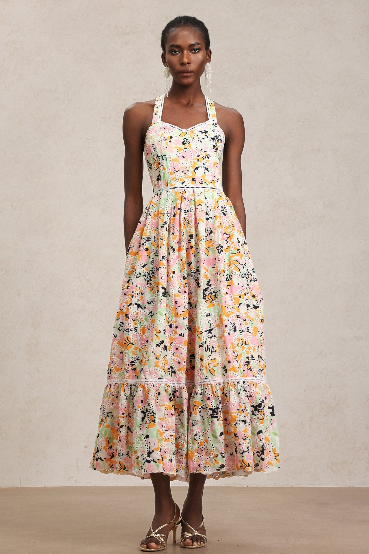 Grace Pink Floral Maxi Dress Halter Neckline Swing Silhouette Lace Detailing Elegant Comfortable Chic Versatile