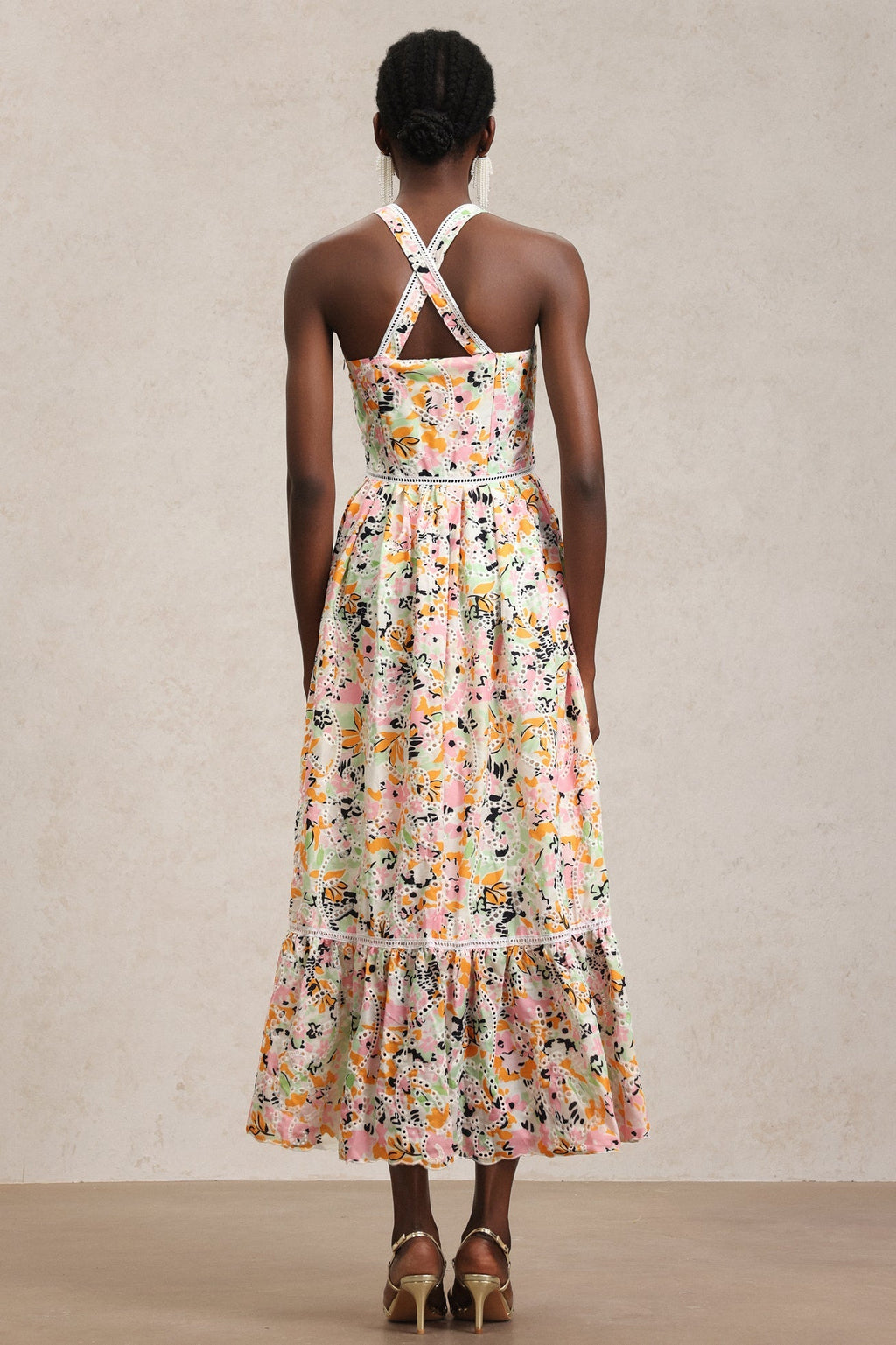 Grace Pink Floral Maxi Dress with Halter Neckline and Lace Detailing