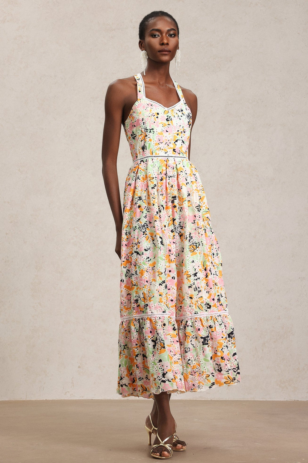 Grace Pink Floral Maxi Dress Halter Swing Silhouette Lace Detailing Soft Fabric Elegant Comfortable Chic Women's Fashion