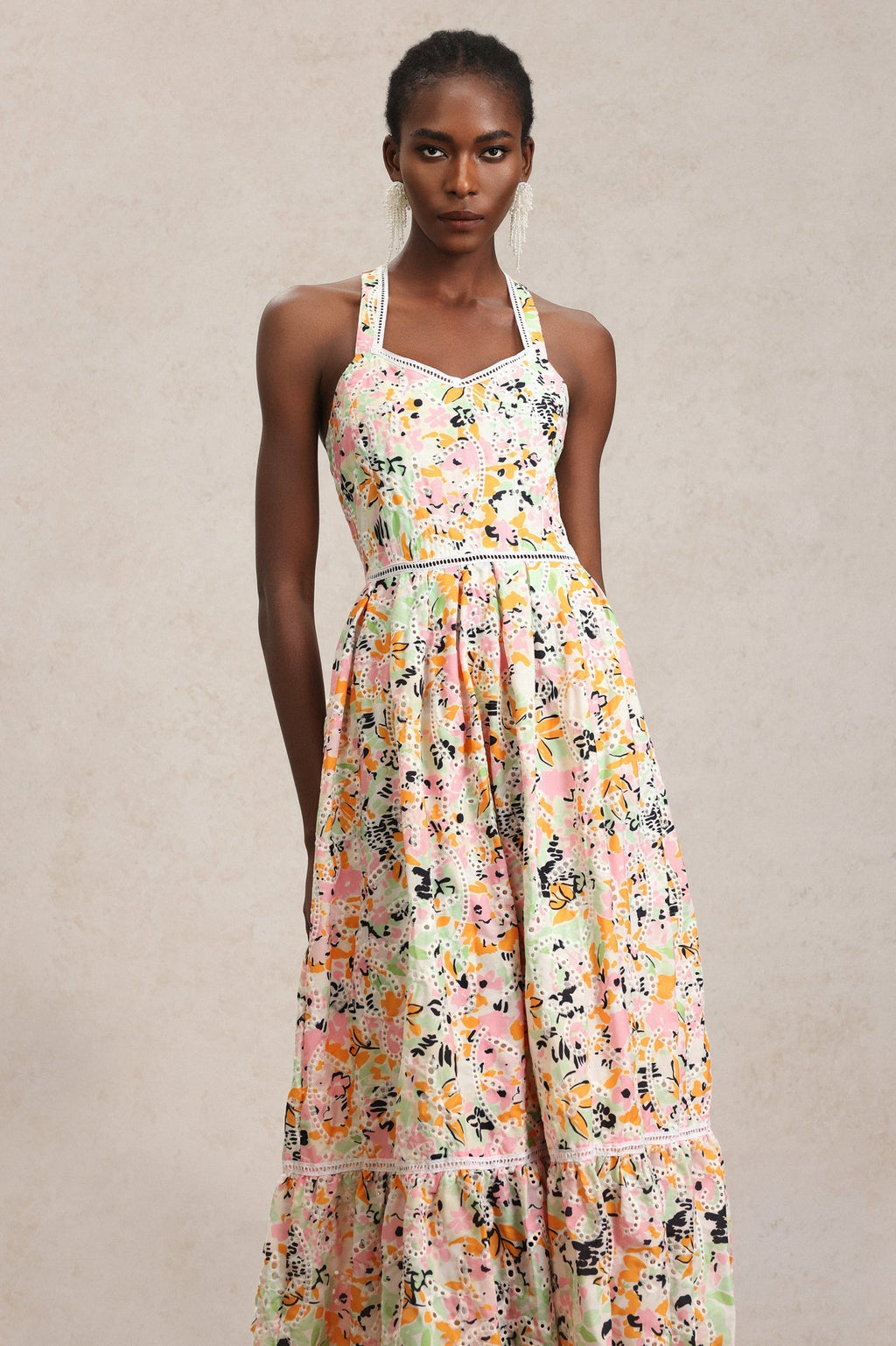 Grace Pink Floral Maxi Dress Halter Swing Lace Detailing