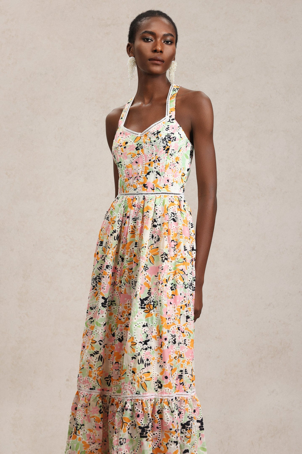 Grace Pink Floral Maxi Dress Halter Neckline Swing Silhouette Lace Detailing