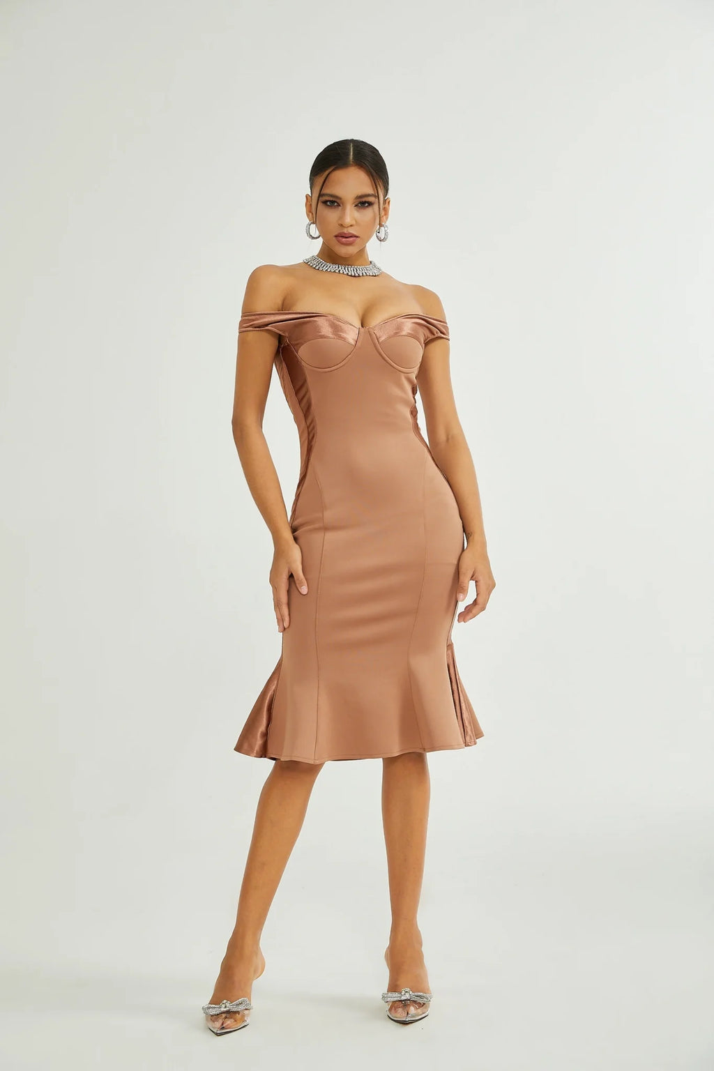 Grazia Off the Shoulder Midi Dress - Bustier Style - Waist - Tightened Design - Satin Finish - Flared Hem