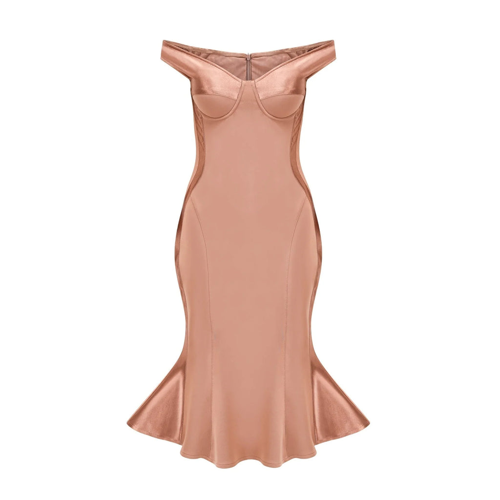 Grazia Off the Shoulder Midi Dress - Bustier Style - Waist - Tightened Design - Satin Finish - Flared Hem