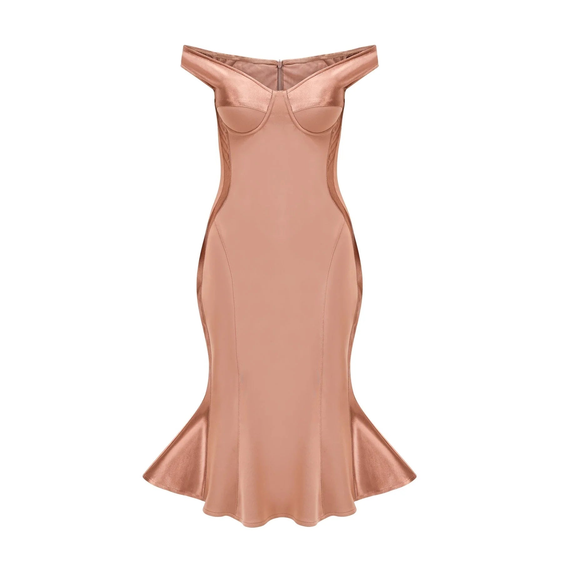 Grazia Off the Shoulder Midi Dress - Bustier Style - Waist - Tightened Design - Satin Finish - Flared Hem