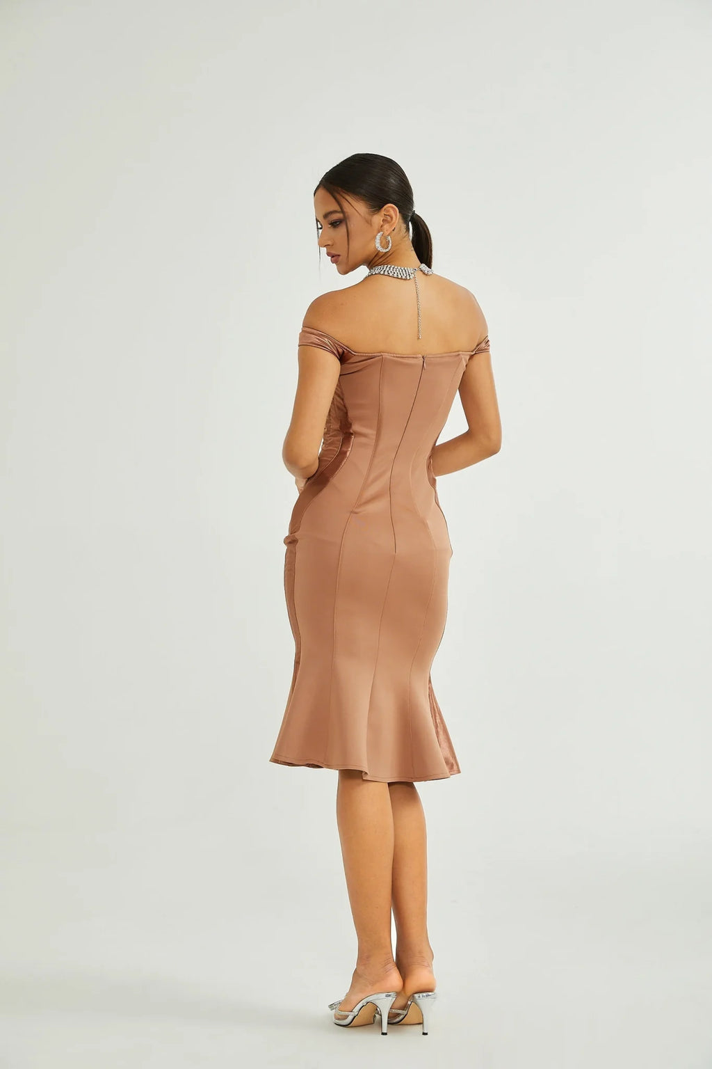 Grazia Off the Shoulder Midi Dress - Bustier Style - Waist - Tightened Design - Satin Finish - Flared Hem
