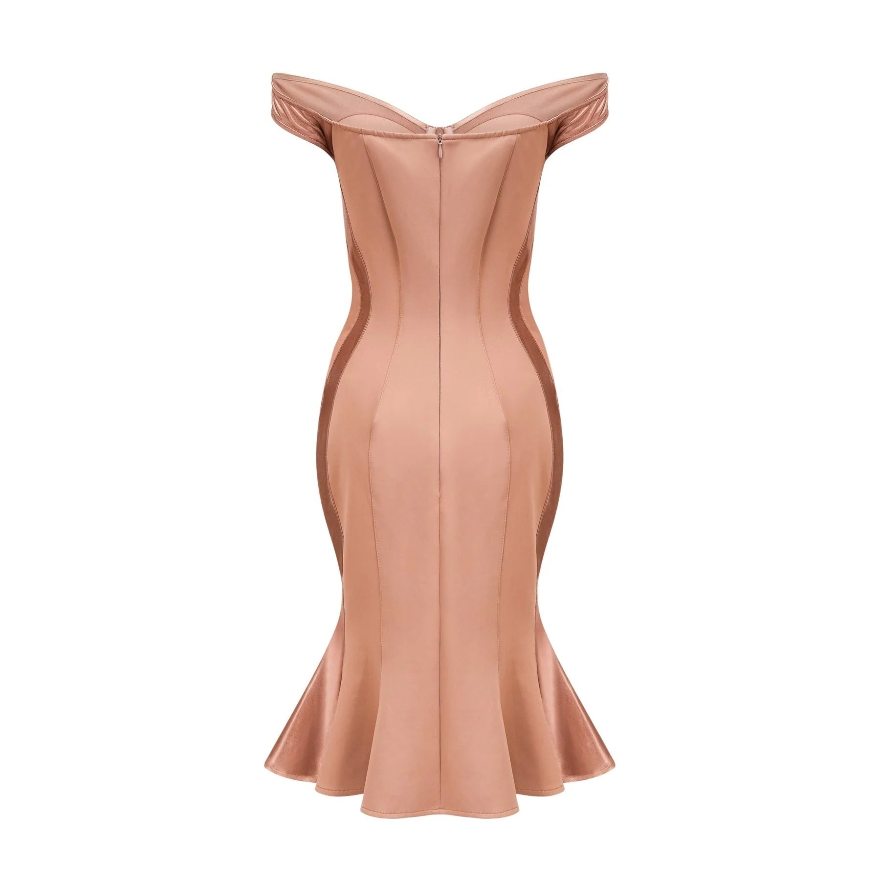 Grazia Off the Shoulder Midi Dress - Bustier Style - Waist - Tightened Design - Satin Finish - Flared Hem