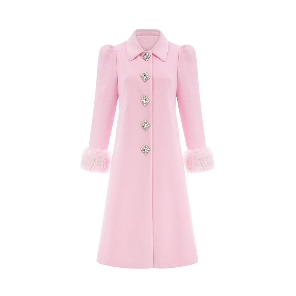 Grazia Overcoat - Pink Faux - Fur Crystal Embellishment Rear Slit