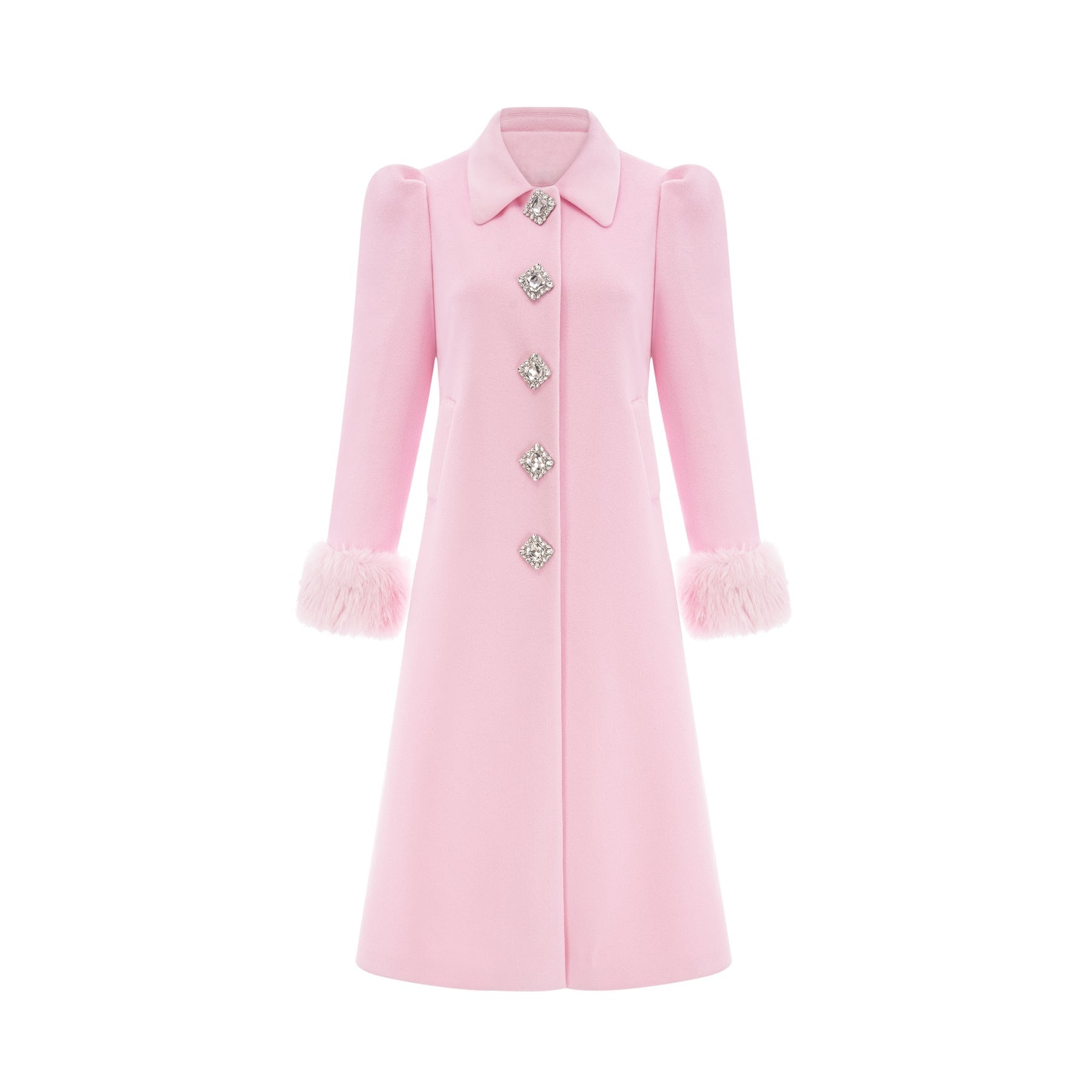 Grazia Overcoat - Pink Faux - Fur Crystal Embellishment Rear Slit