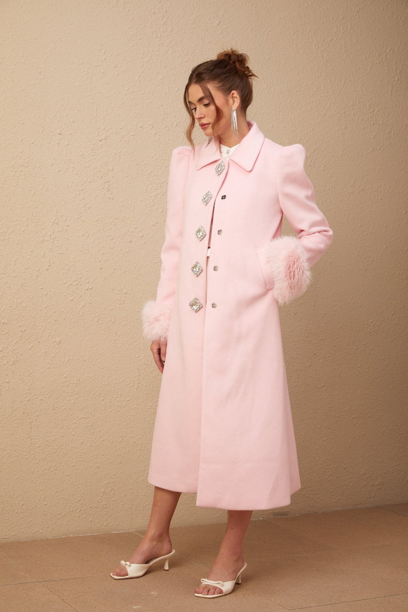 Grazia Overcoat - Pink Faux - Fur Crystal Embellishment Rear Slit