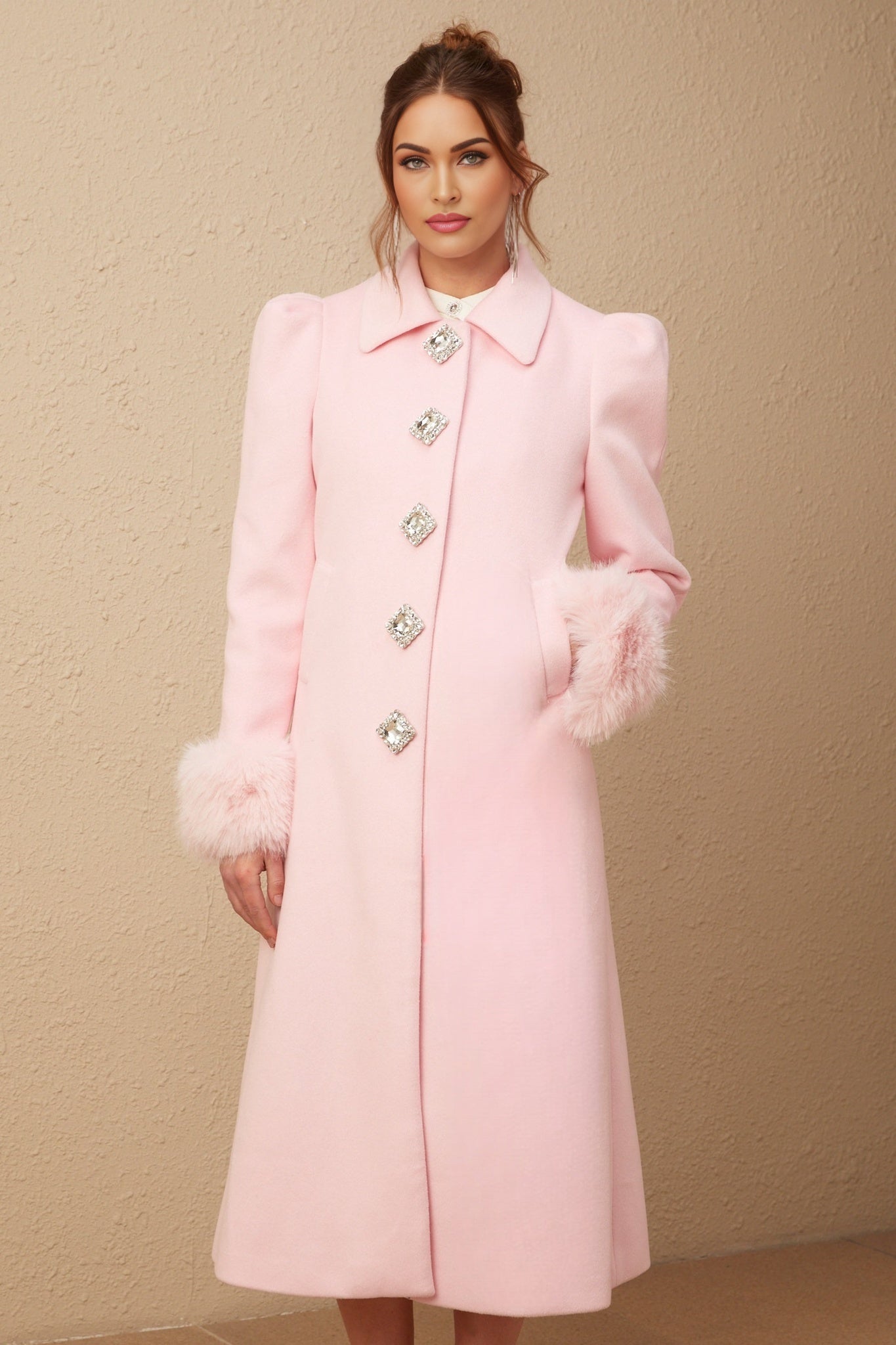 Grazia Overcoat - Pink Faux - Fur Crystal Embellishment Rear Slit