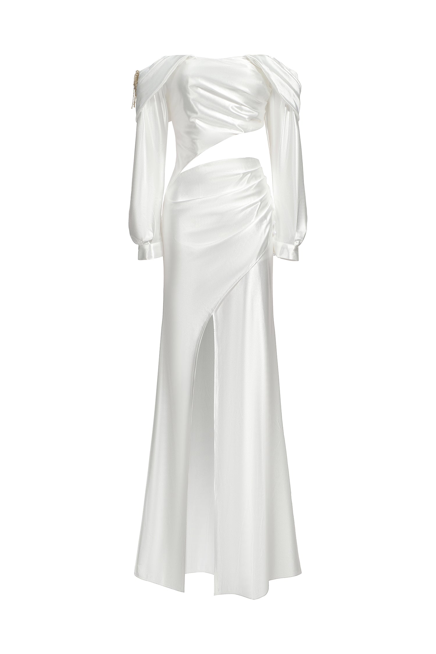Grazia White Satin One-Shoulder Dress with Hollow Cut-Out and High Slit for Evening Events