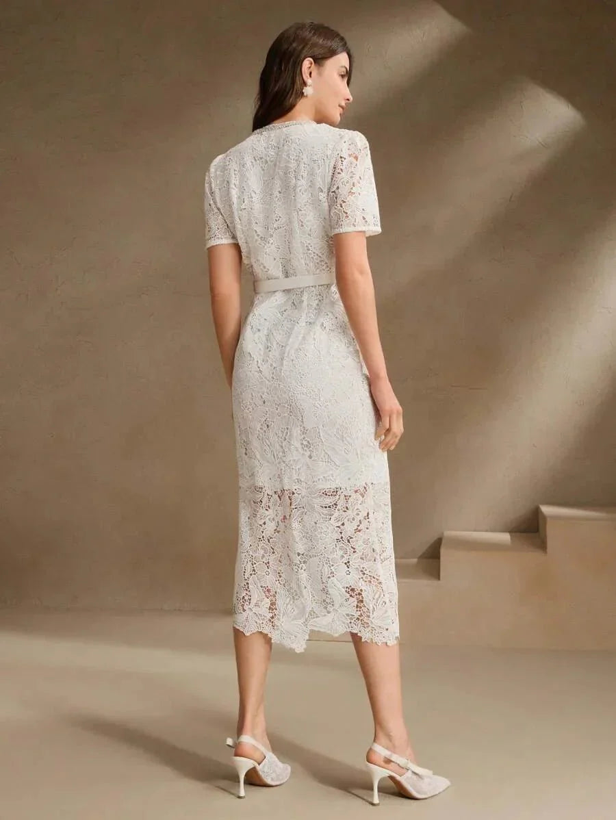Graziana Midi Dress - Elegant Style - High Waist - Belted - Knitted Fabric