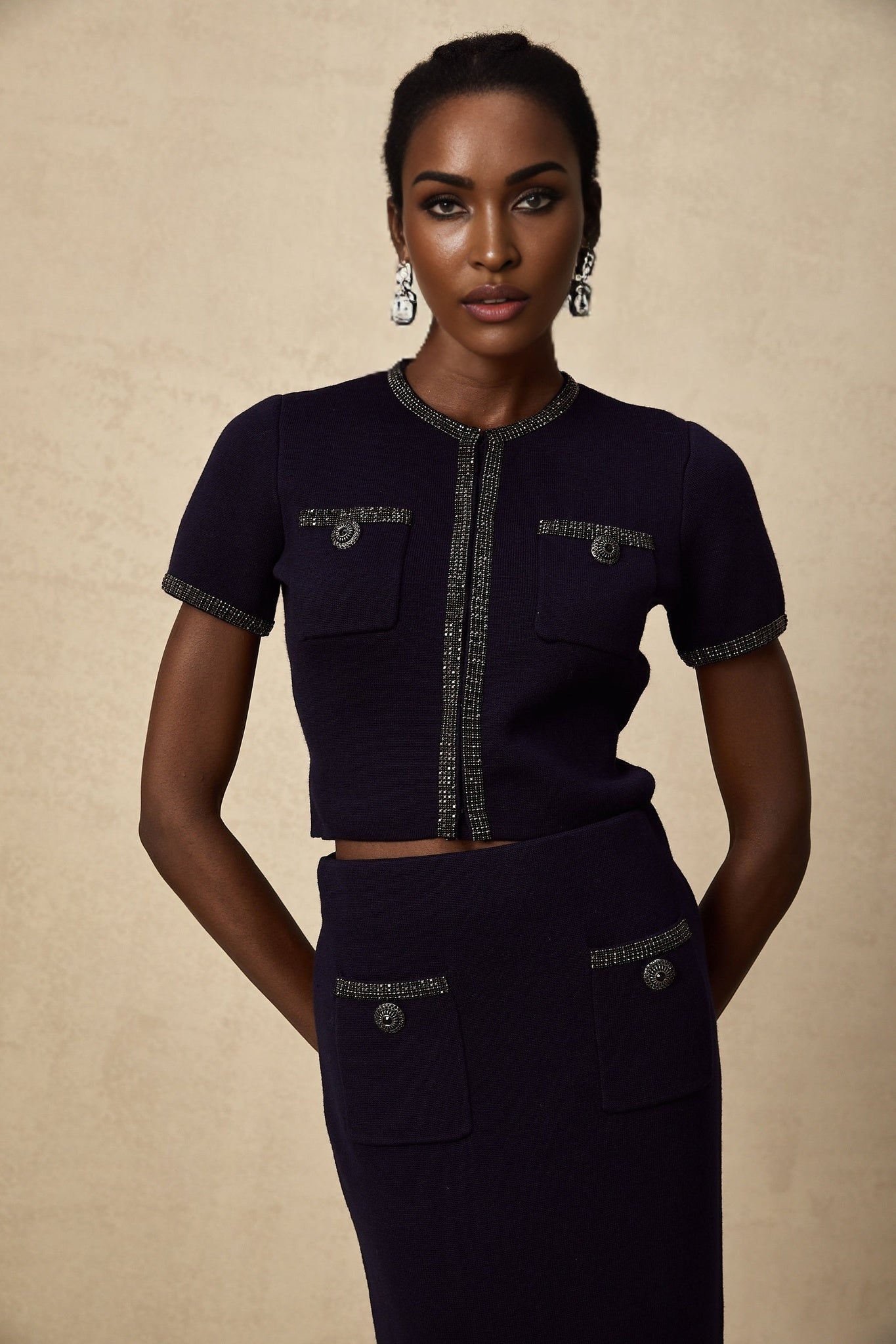 Graziana Skirt & Top Set - Wool - Blend - Crystal Embellishments - Front Patch Pockets - Midi Length