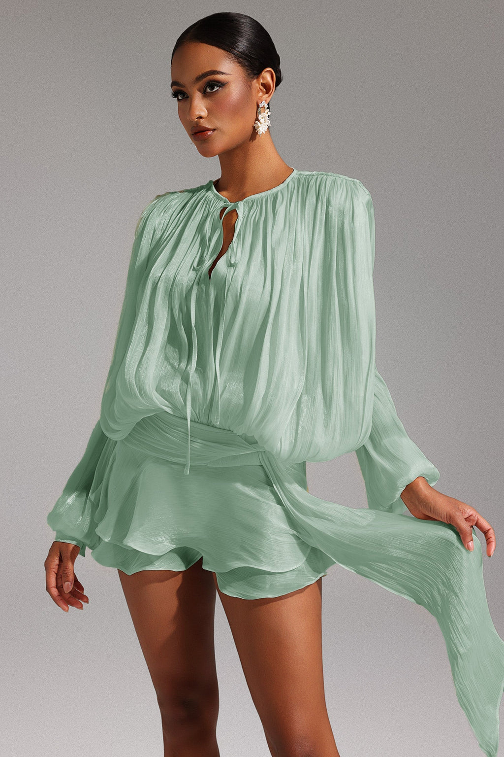 Green Dekia Long Sleeves Hollow Out Flounce Mini Dress