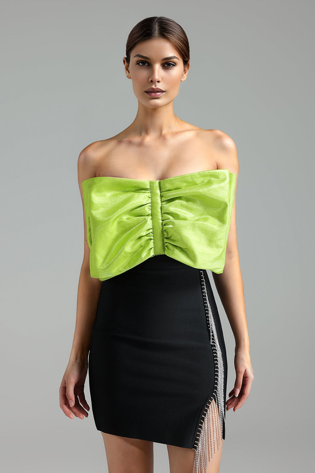 Green Kyler Satin Bowknow Bandage Mini Dress with Off-the-Shoulder Silhouette and Black Bandage Skirt