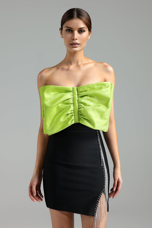 Green Kyler Satin Bowknow Bandage Mini Dress with Off-the-Shoulder Silhouette and Black Bandage Skirt