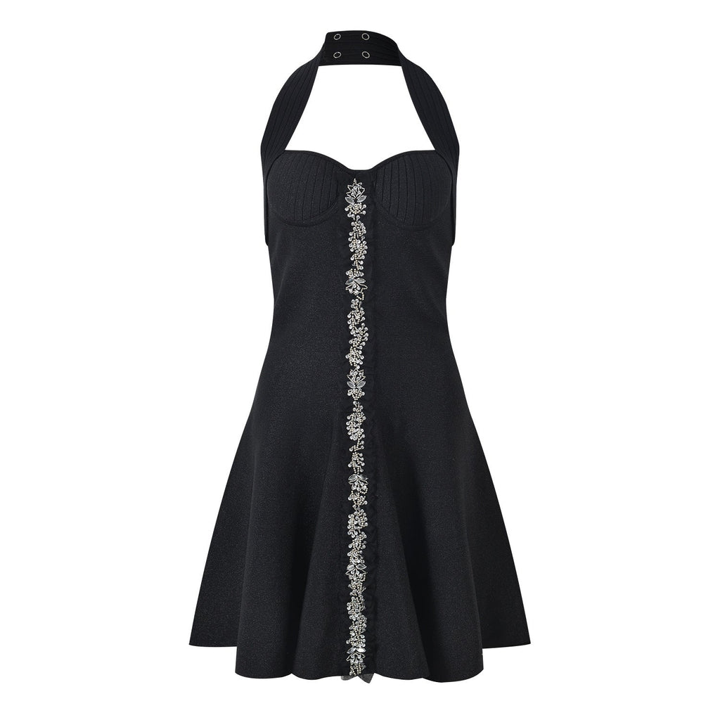 Greta Dress - a - Line Silhouette - Halter Neckline - Floral Embellishment - Tailored Waist Accentuation - Chic Silhouette