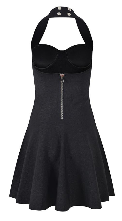 Greta Dress - a - Line Silhouette - Halter Neckline - Floral Embellishment - Tailored Waist Accentuation - Chic Silhouette