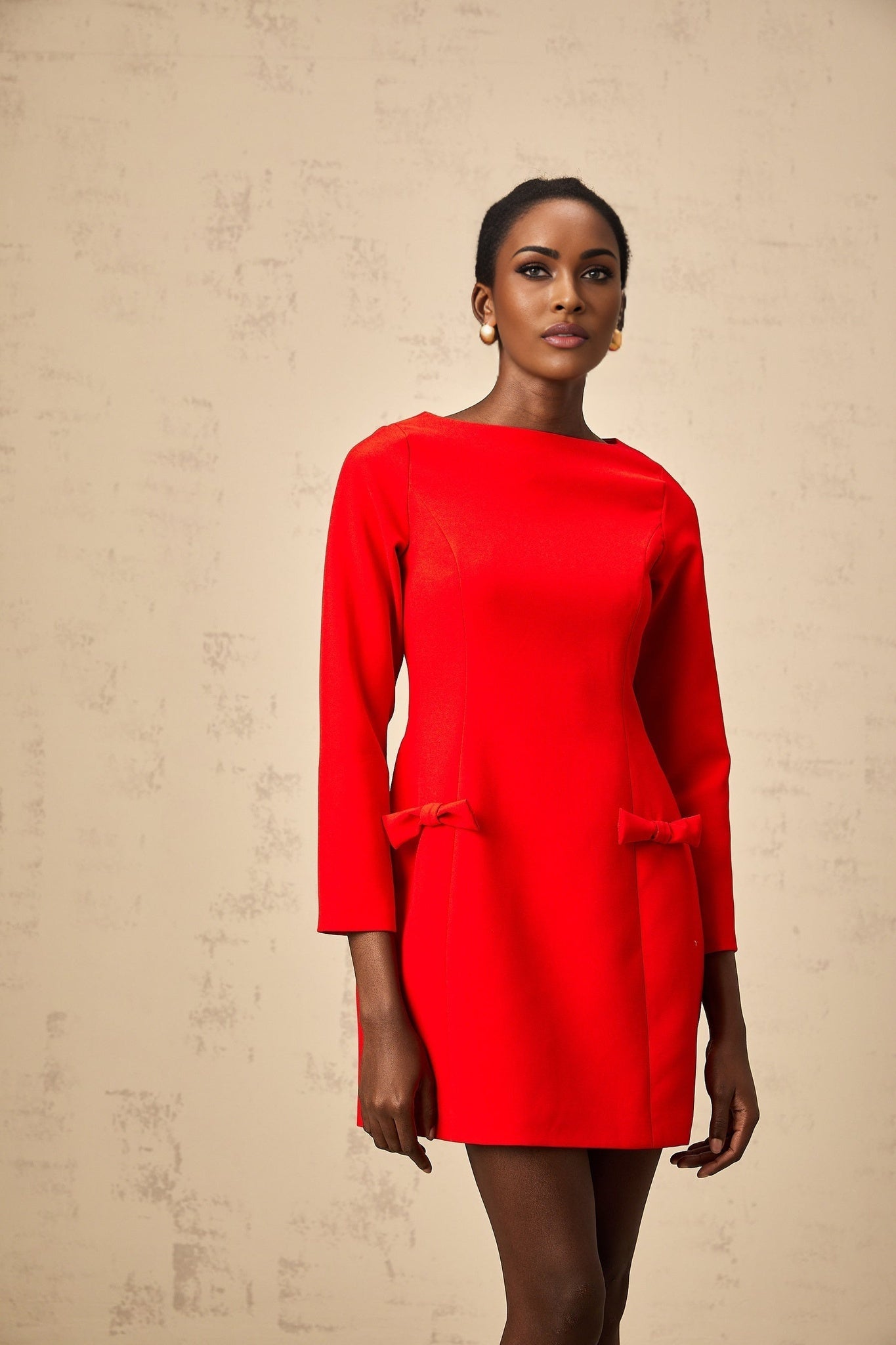 Greta Mini Dress - Bateau Neck - Long Sleeves - Bowknot Detailing - Fitted Waistline - Flared Skirt