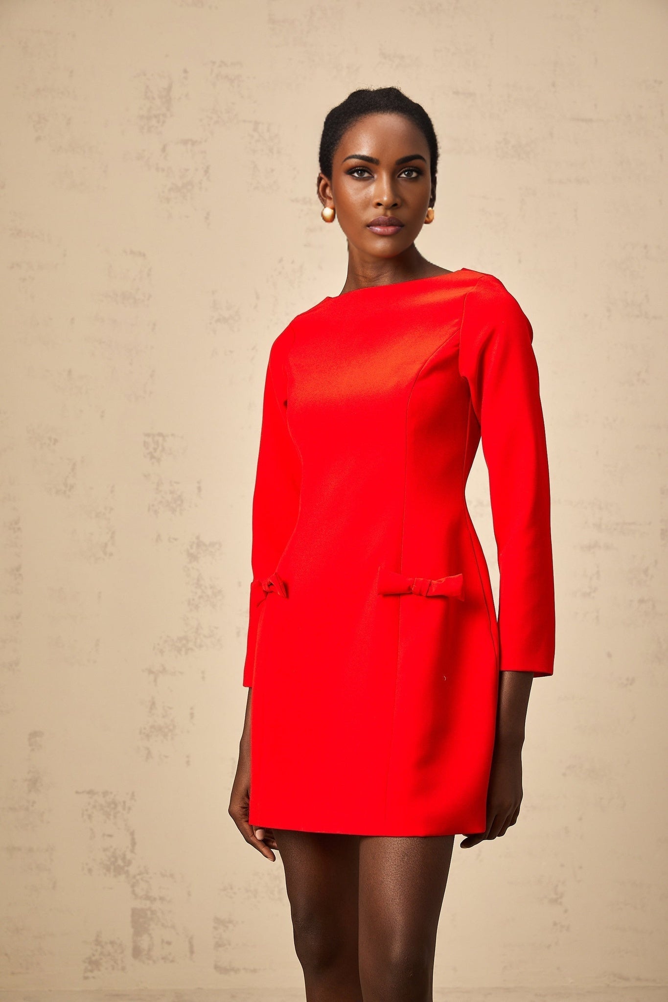 Greta Mini Dress - Bateau Neck - Long Sleeves - Bowknot Detailing - Fitted Waistline - Flared Skirt