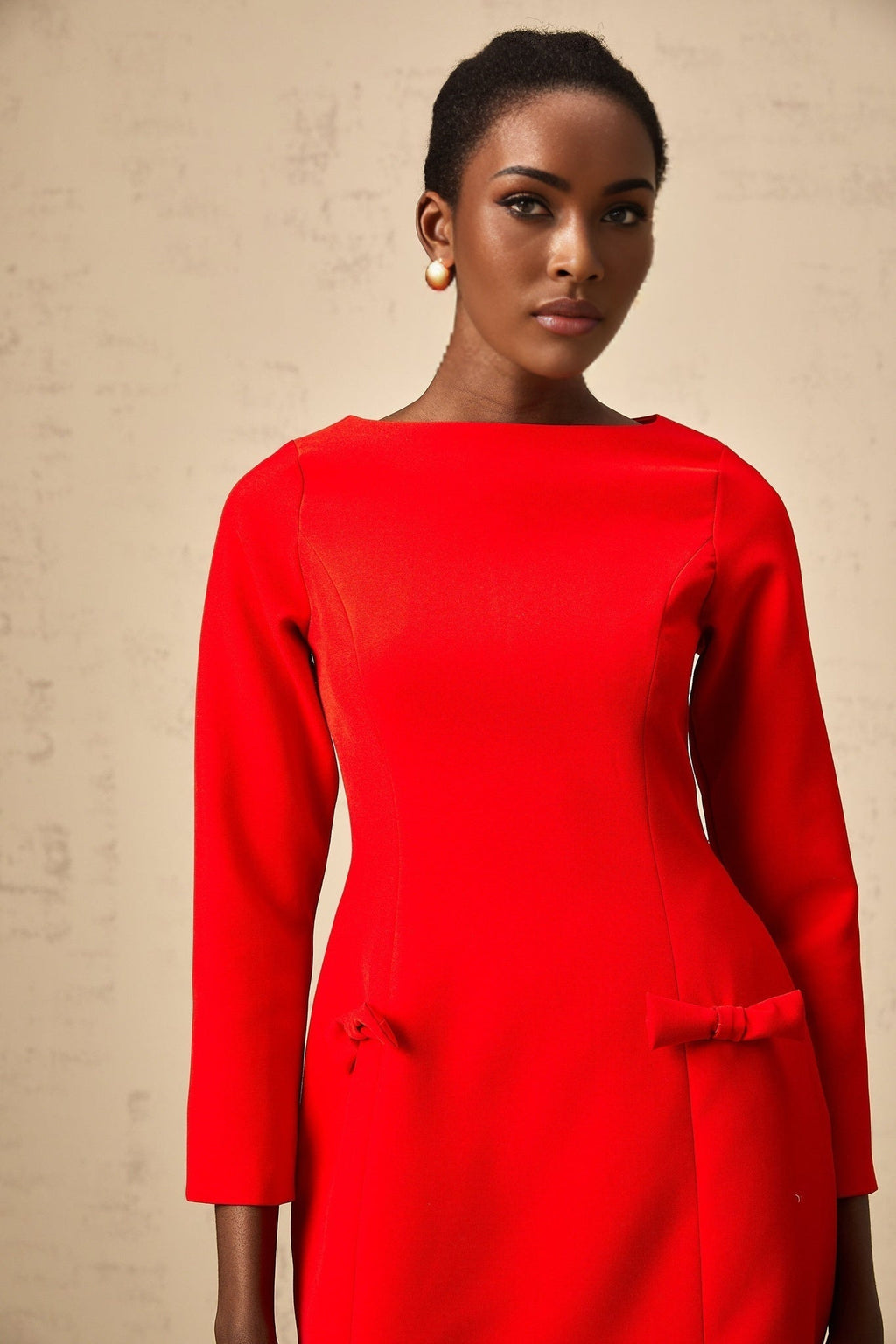 Greta Mini Dress - Bateau Neck - Long Sleeves - Bowknot Detailing - Fitted Waistline - Flared Skirt