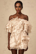 Greta Mini Dress – Off the Shoulder – Fully Ruffled – Floral Appliqué