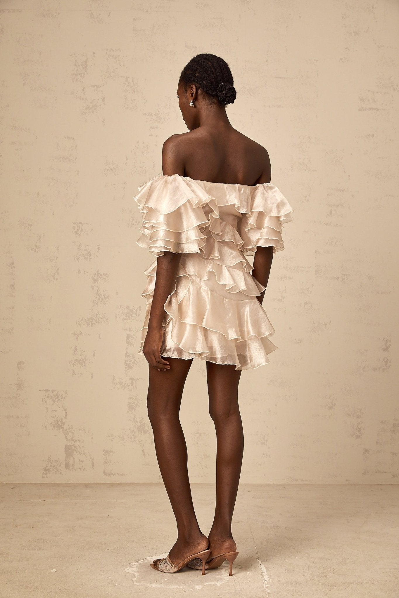 Greta Mini Dress – Off the Shoulder – Fully Ruffled – Floral Appliqué