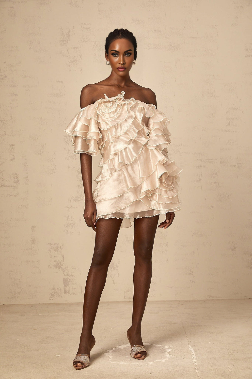 Greta Mini Dress – Off the Shoulder – Fully Ruffled – Floral Appliqué