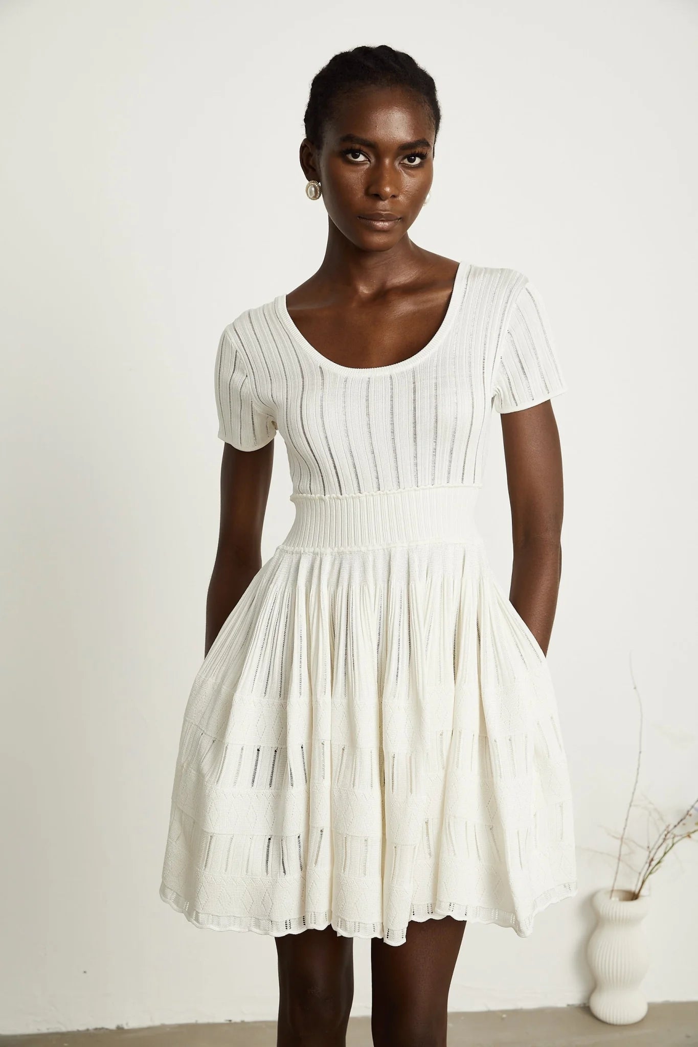 Greta Mini Dress - Short Sleeve - U Neck - Fitted Waistline - Pleated Design