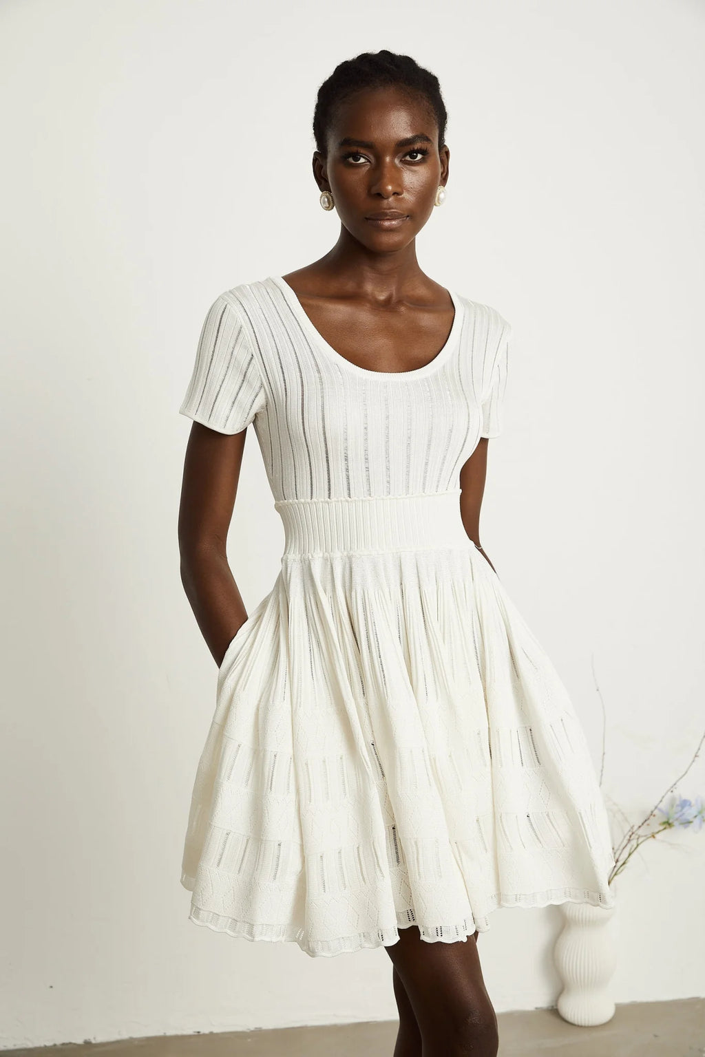 Greta Mini Dress - Short Sleeve - U Neck - Fitted Waistline - Pleated Design