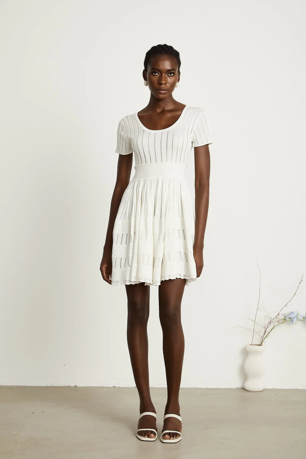Greta Mini Dress - Short Sleeve - U Neck - Fitted Waistline - Pleated Design