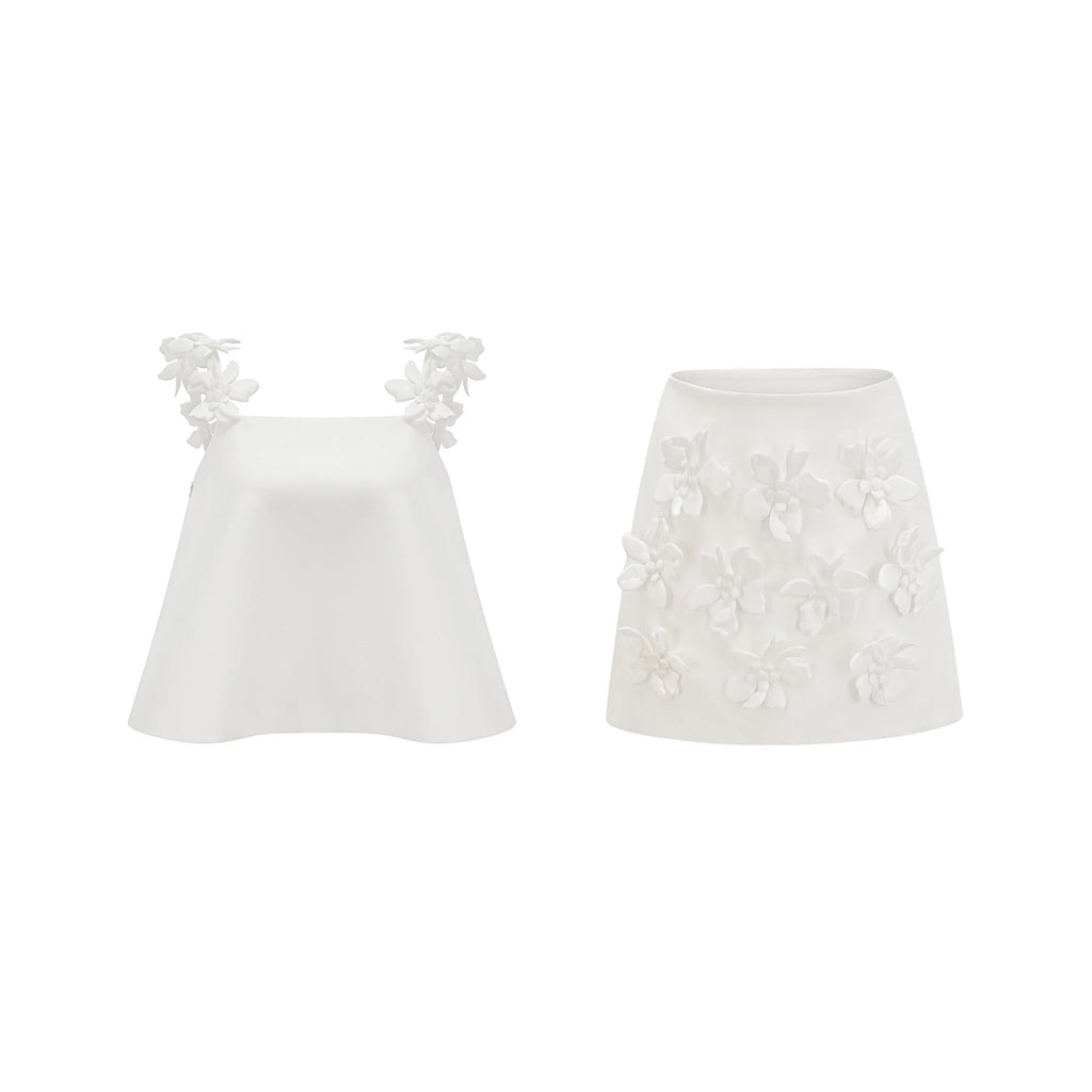 Greta Skirt & Top Set - Square Neck - Sleeveless - Faux - floral embellishment - Thigh length