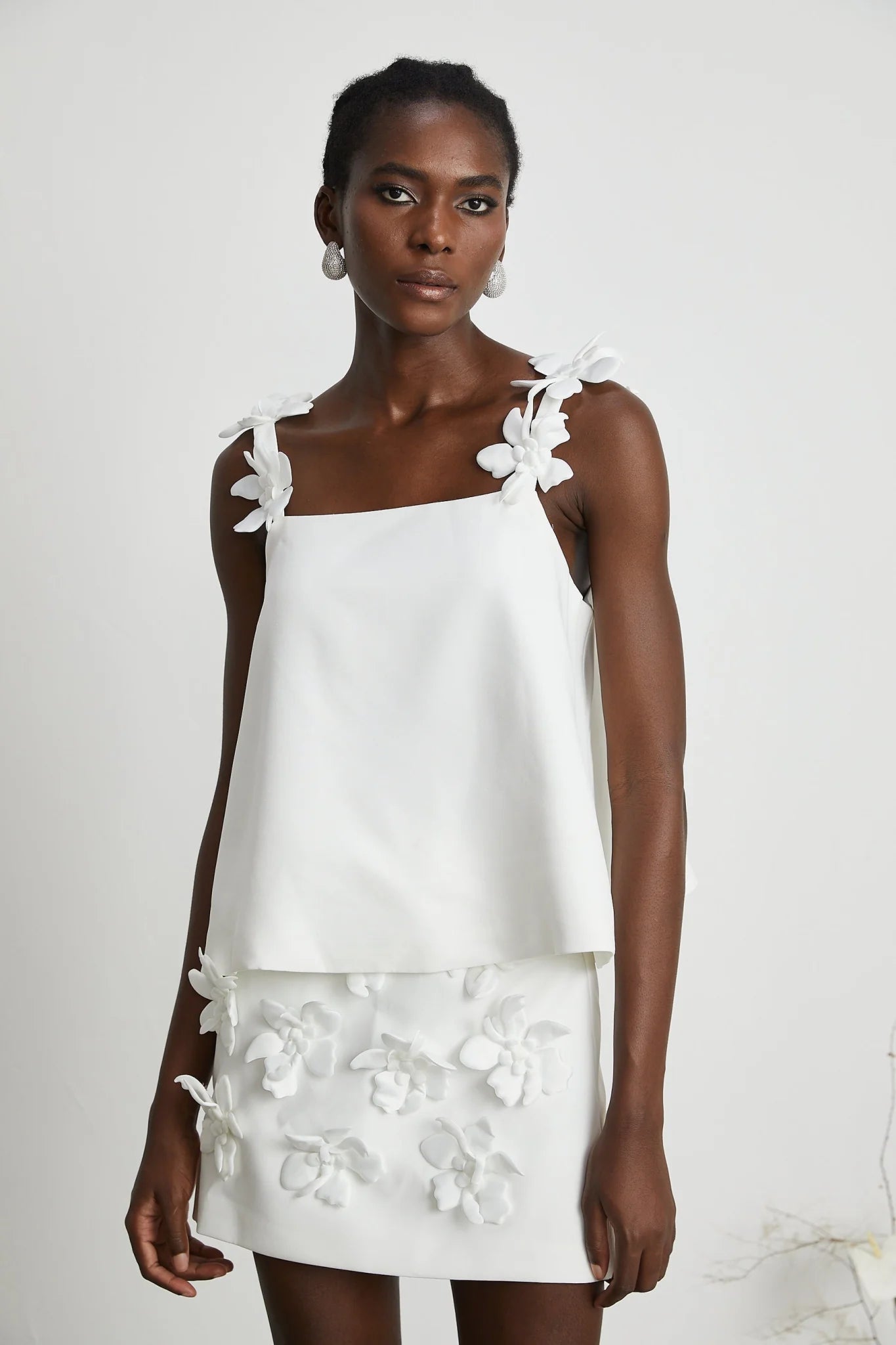 Greta Skirt & Top Set - Square Neck - Sleeveless - Faux - floral embellishment - Thigh length