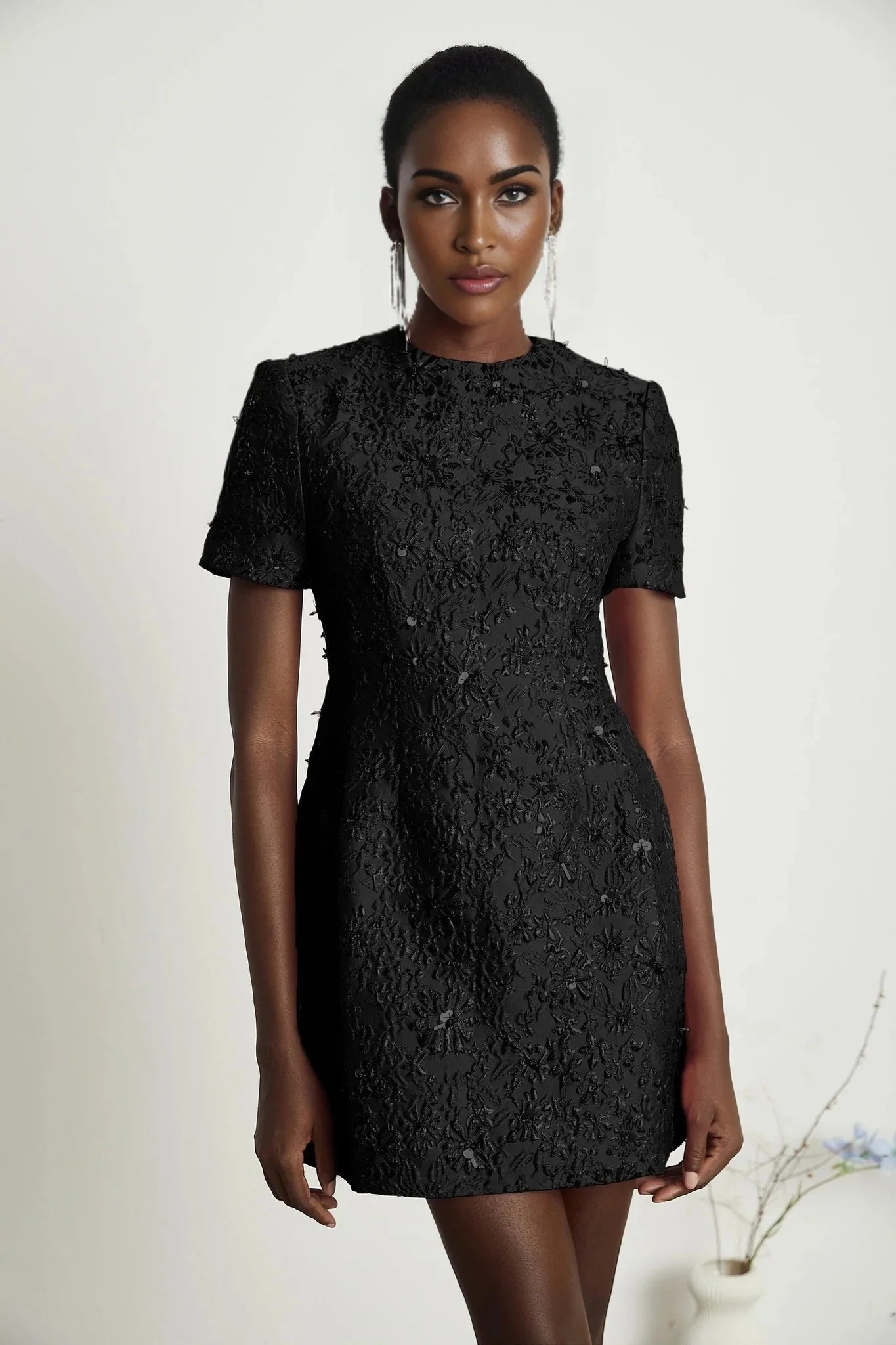 Guenda Mini Dress Black Floral Crystal Appliqu Zip Length