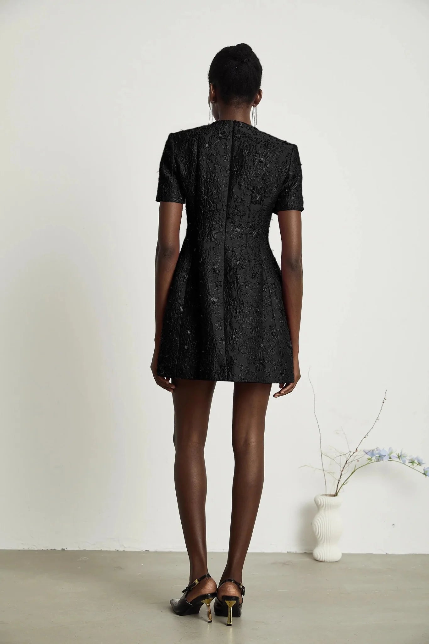 Guenda Mini Dress Black Floral Crystal Appliqu Zip Length