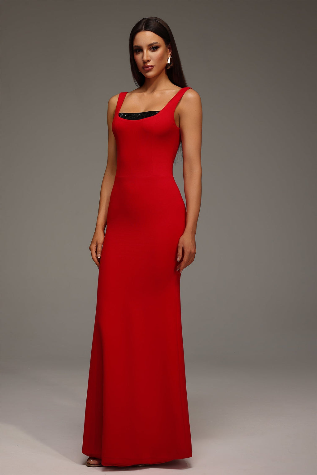 Guenda Red Maxi Dress Squared Neckline Elegant Formal Event Women's Fashion