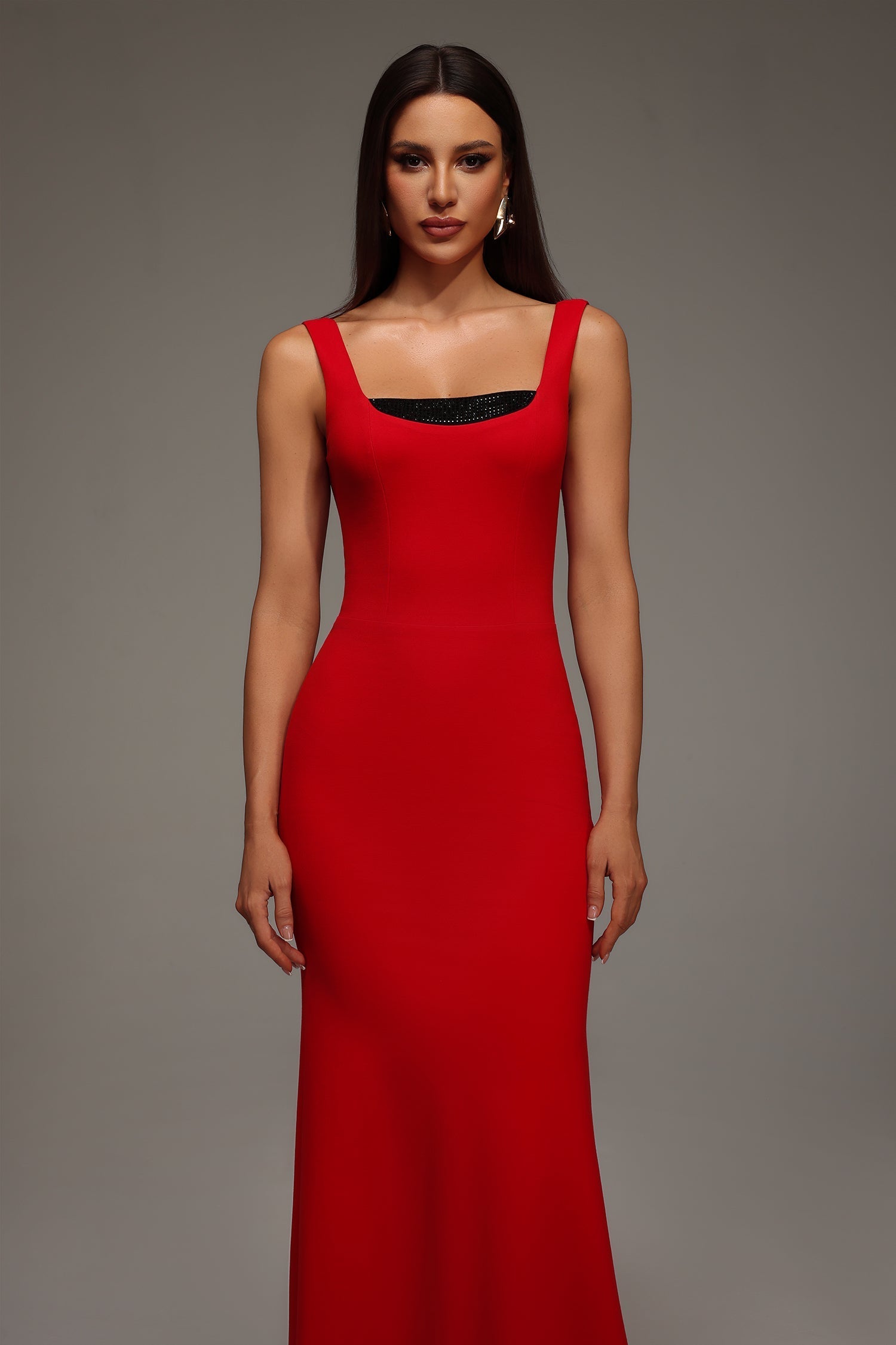 Guenda Red Maxi Dress with Squared Neckline for Formal Occasions or Night Out