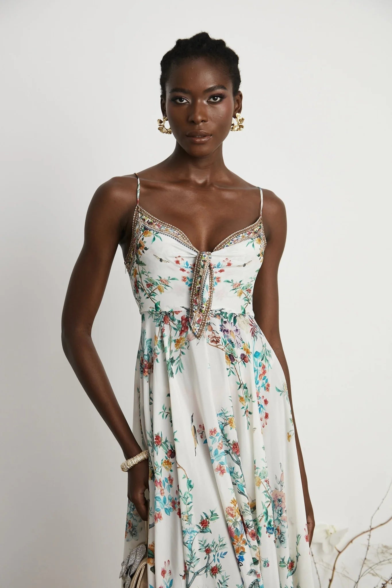 Guendalina Floral Midi Dress - Sleeveless with Spaghetti Straps - Twist Detailing - Crystal Embellished - Side Zip Fastening