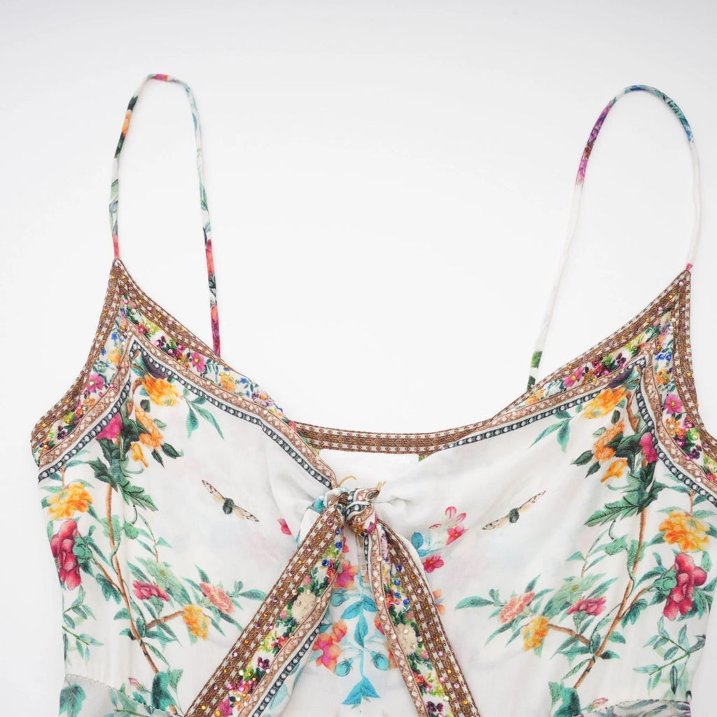 Guendalina Floral Midi Dress - Sleeveless with Spaghetti Straps - Twist Detailing - Crystal Embellished - Side Zip Fastening