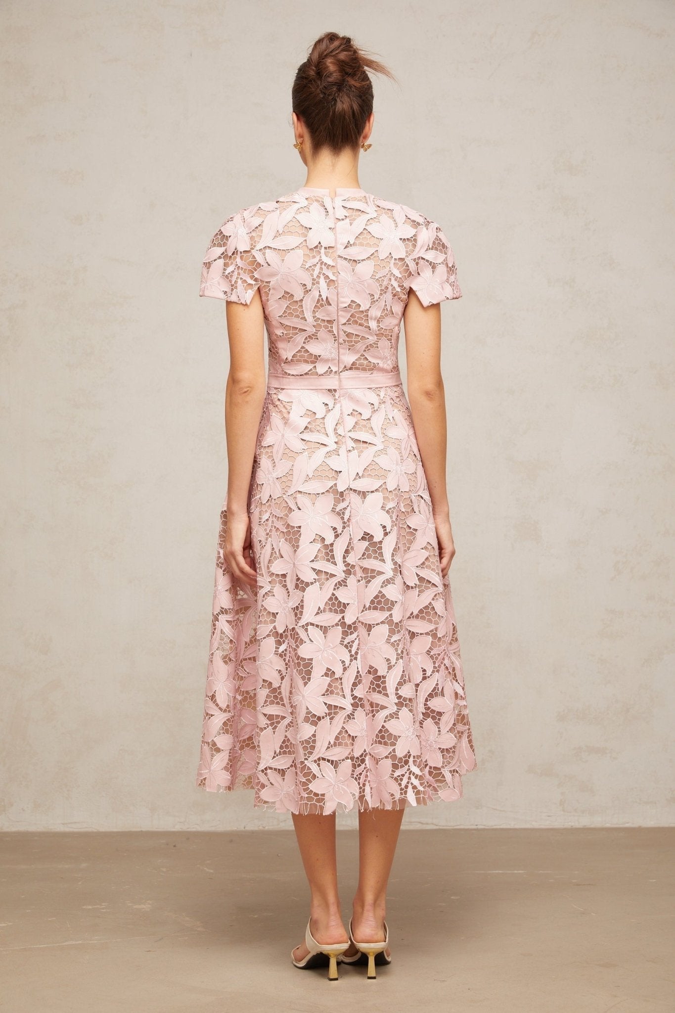 Guendalina Midi Dress - Round Neck - Short Sleeves - Cinched Waist - Guipure Lace