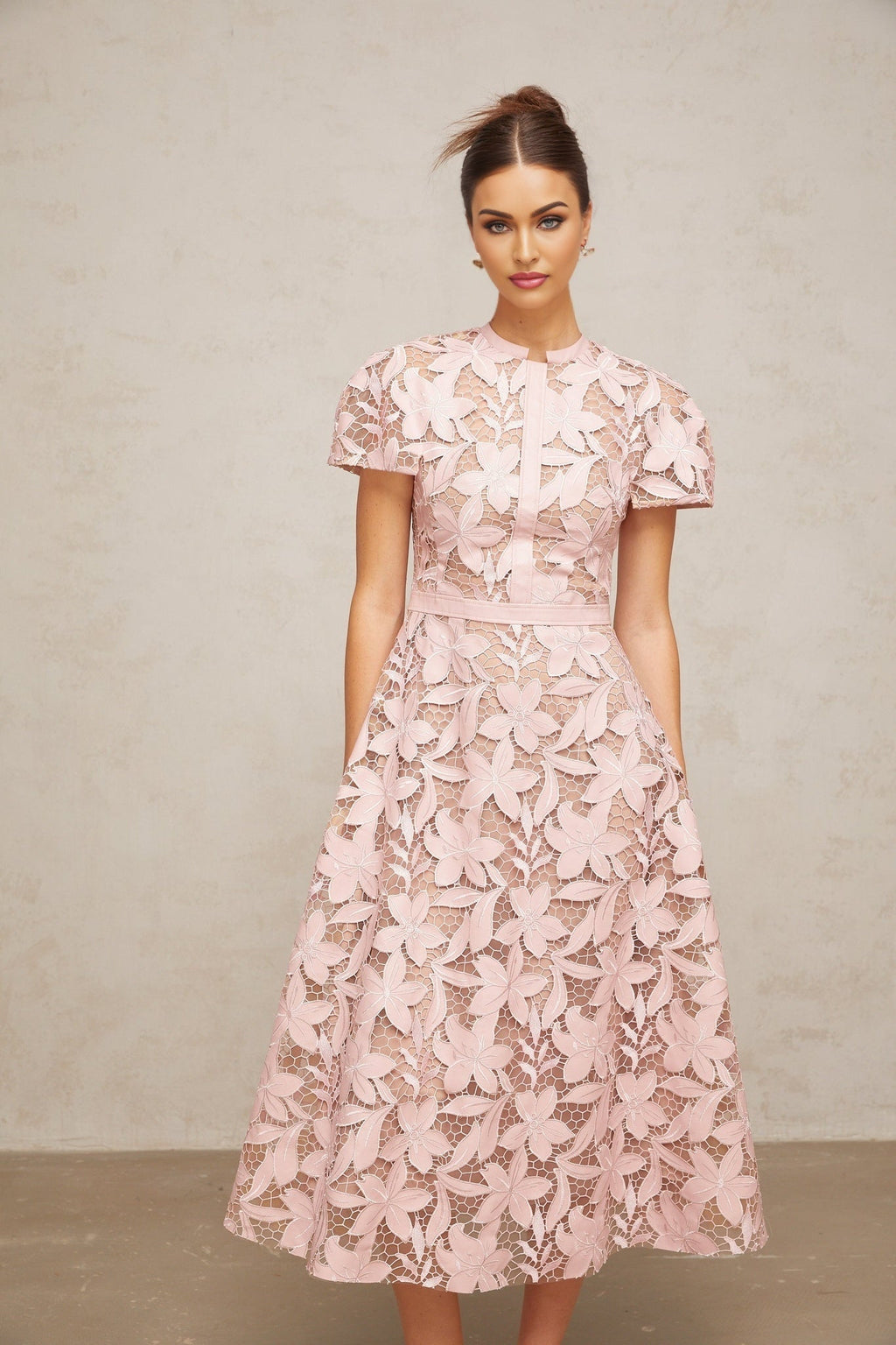 Guendalina Midi Dress - Round Neck - Short Sleeves - Cinched Waist - Guipure Lace