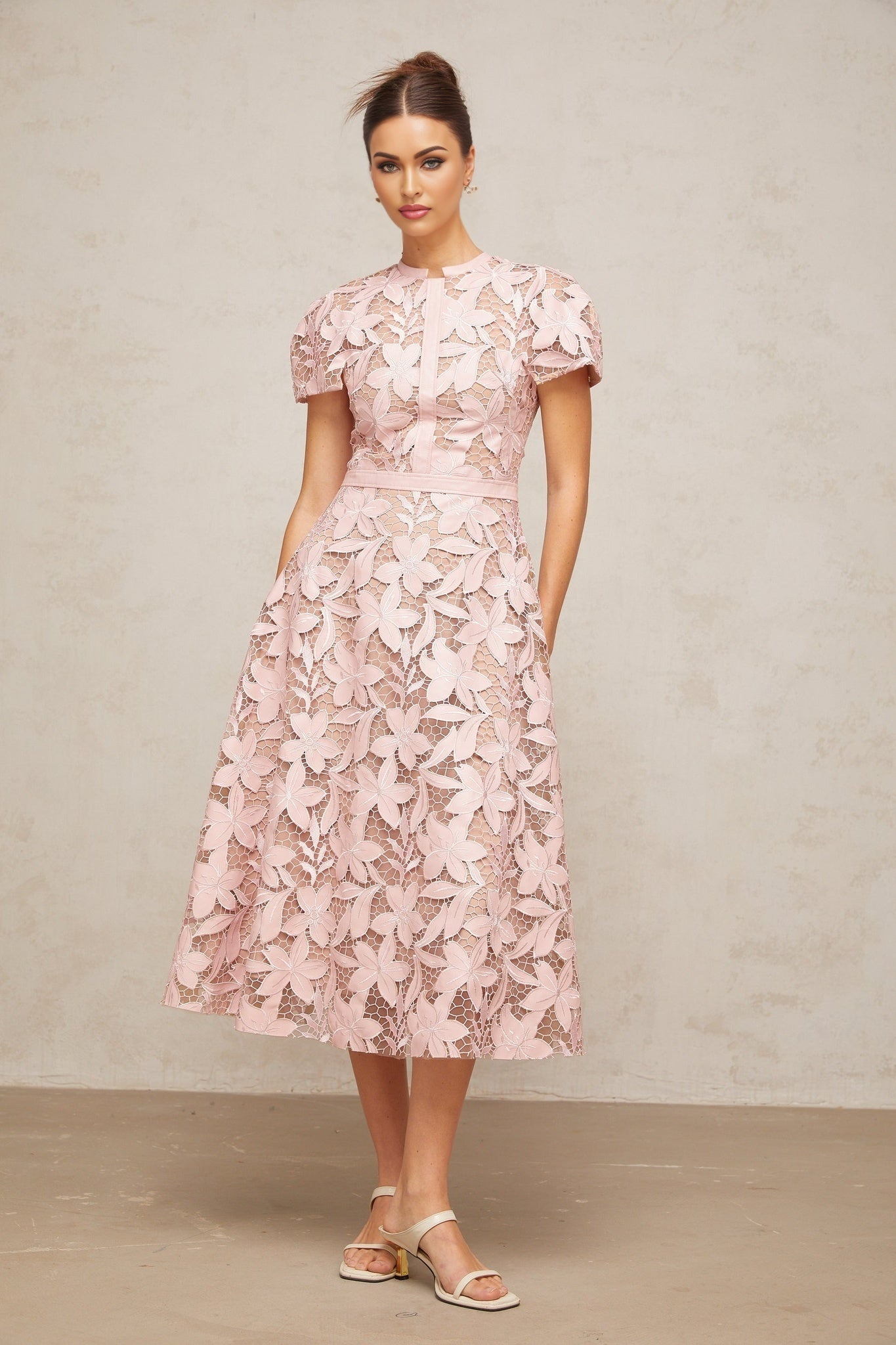 Guendalina Midi Dress - Round Neck - Short Sleeves - Cinched Waist - Guipure Lace