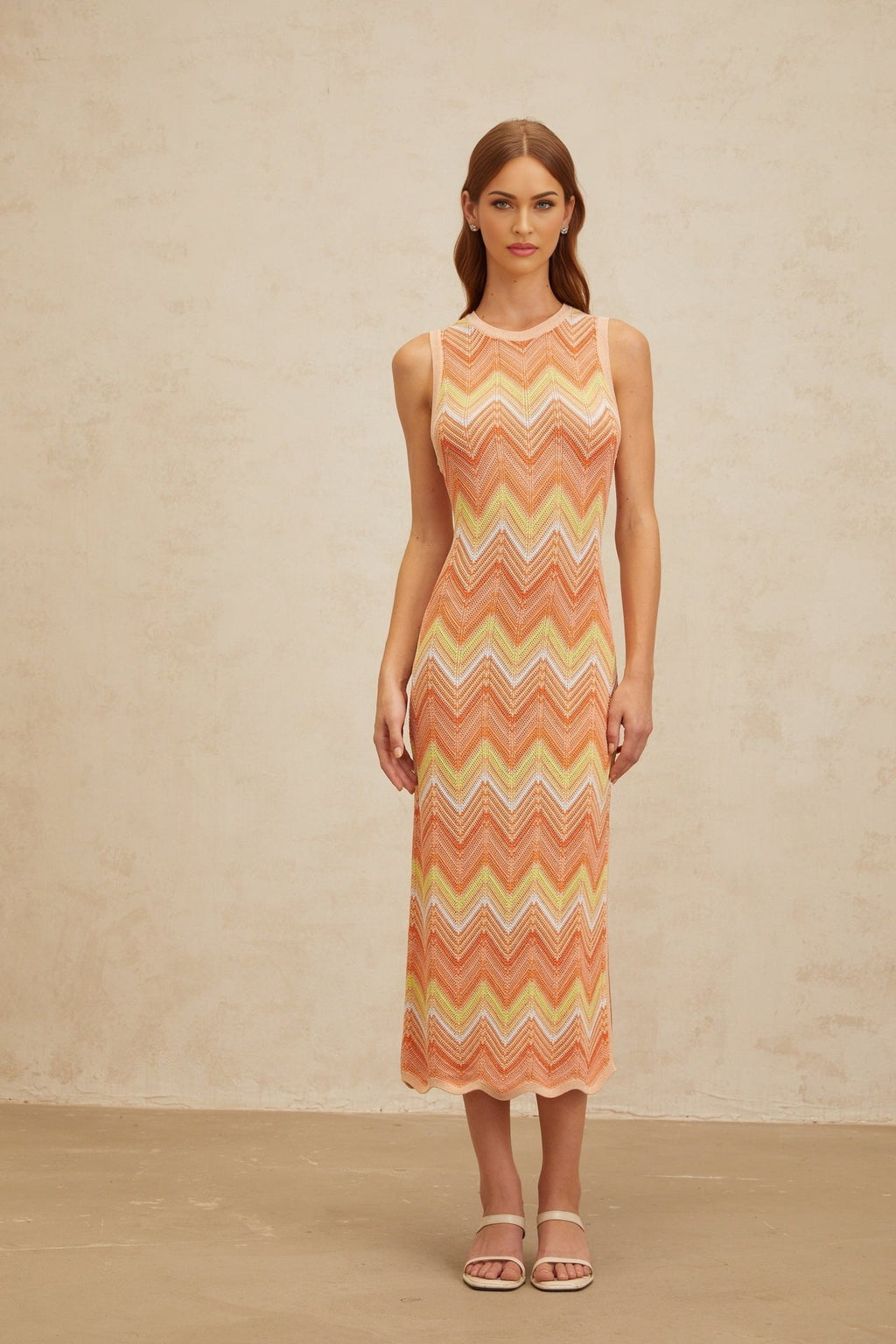 Guendalina Midi Dress - Sleeveless - Chevron Knit - Side Slit - Fitted Silhouette - Metallic Fibers